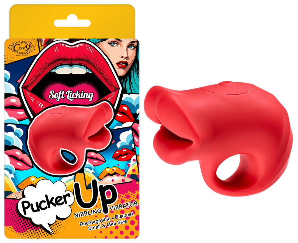 Pucker Up Lips With Ergonomic Finger Hold Vibrator Red shown with playful packaging.
