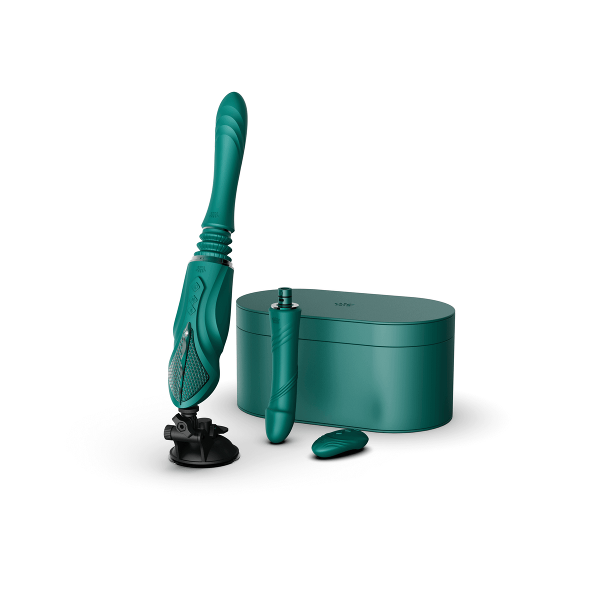 ZALO Sesh Compact Sex Machine in Turquoise Green with accessories featuring PowerThrust technology and adjustable settings.