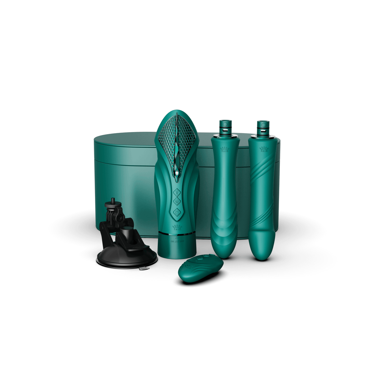 ZALO Sesh Compact Sex Machine in Turquoise Green with accessories and PowerThrust technology displayed on a white background.