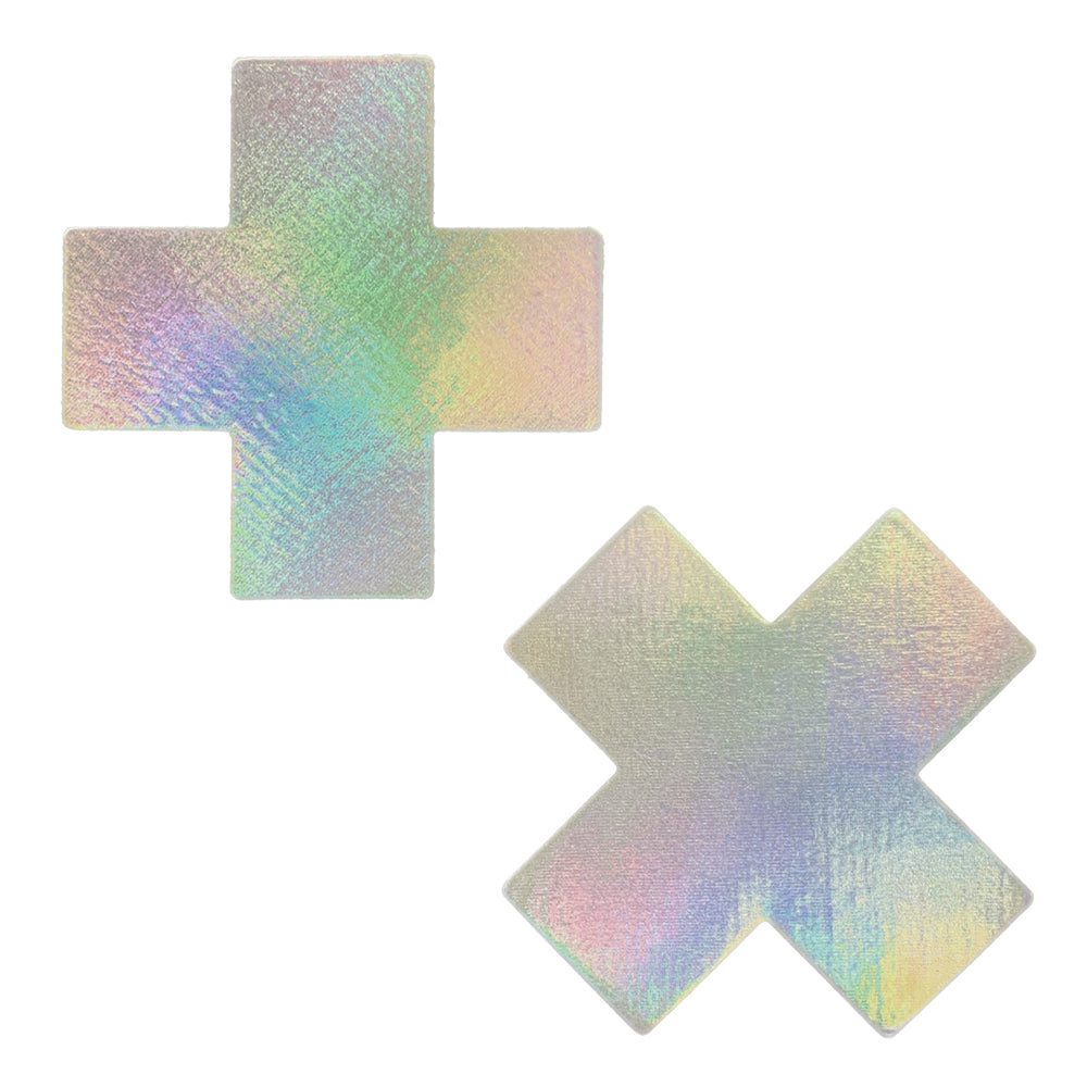 Pastease Plus X Silver Holographic Cross Nipple Pasties display shimmering cross shapes with a reflective surface.