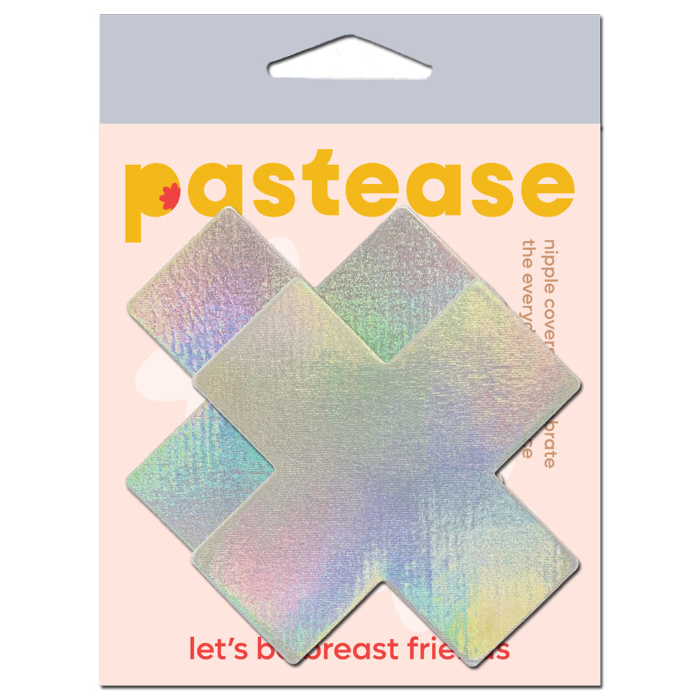 Pastease Plus X Silver Holographic Cross Nipple Pasties displayed on packaging, showcasing their shiny reflective surface.