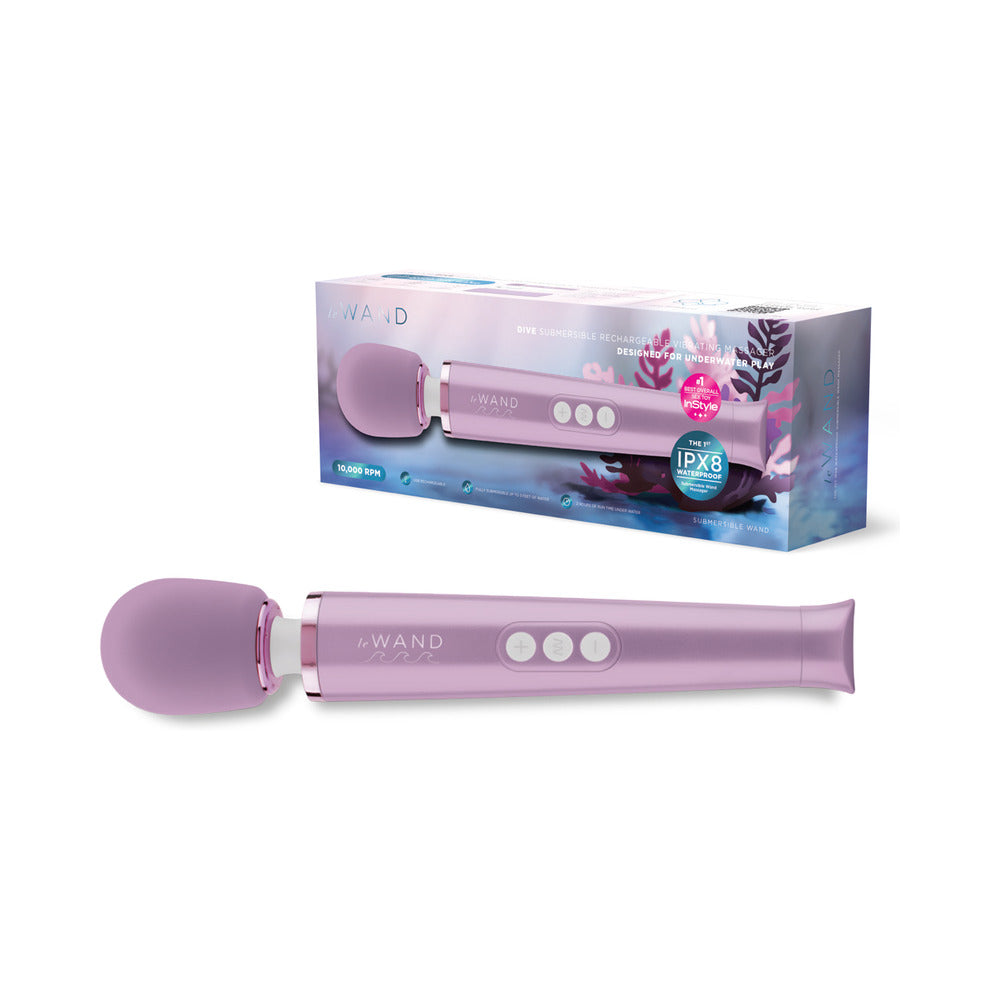 Le Wand Dive Submersible Vibrating Massager Lavender packaging and product display.