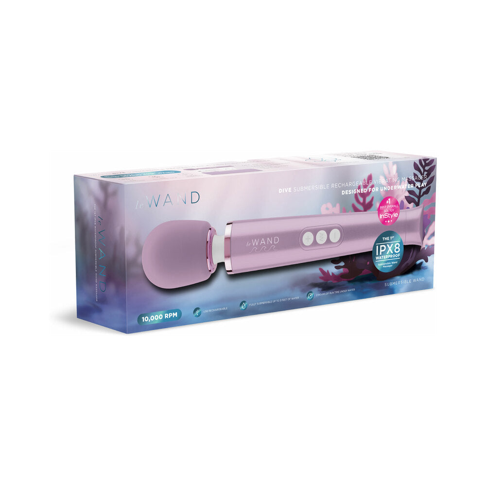 Le Wand Dive Submersible Vibrating Massager Lavender in packaging on a colorful background.