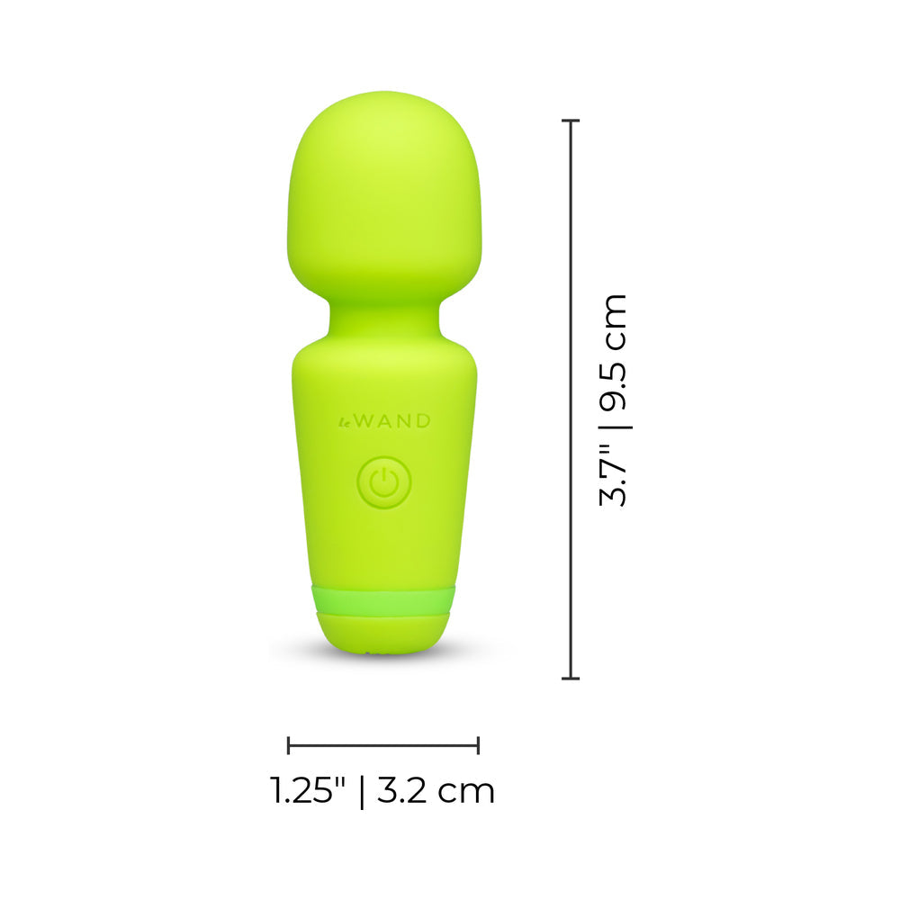 Le Wand Essentials Mini Wand Vibe Pocket-sized Vibrator in vibrant green color with dimensions shown.