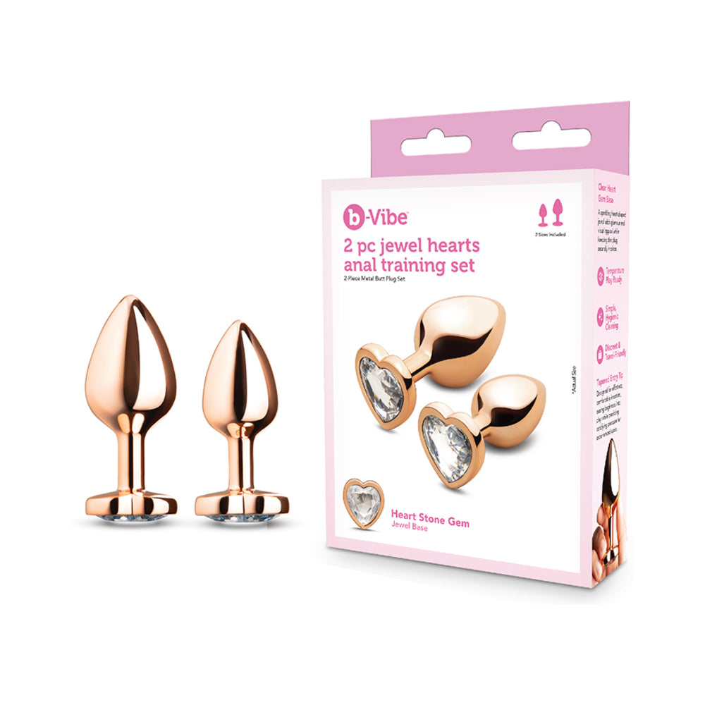 B-vibe Essentials 2-piece Jewel Hearts Anal Training Set features two heart-shaped jewel anal plugs for comfortable training.