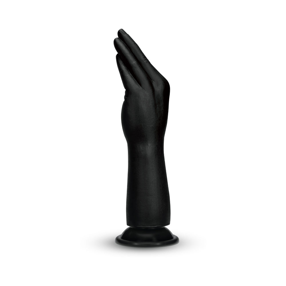 B-vibe Essentials Silicone Hand Fisting Dildo Black displayed upright, showcasing its unique hand-shaped design in black silicone.