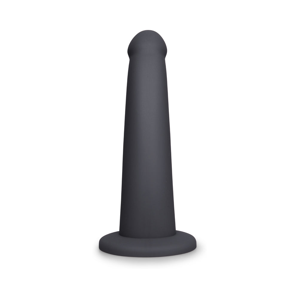 B-vibe Essentials 7 Inch Smooth Silicone Dildo Black on a white background, featuring a sleek, smooth design.