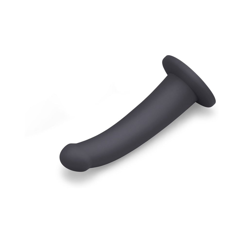 B-vibe Essentials 7 Inch Smooth Silicone Dildo Black on a white background.