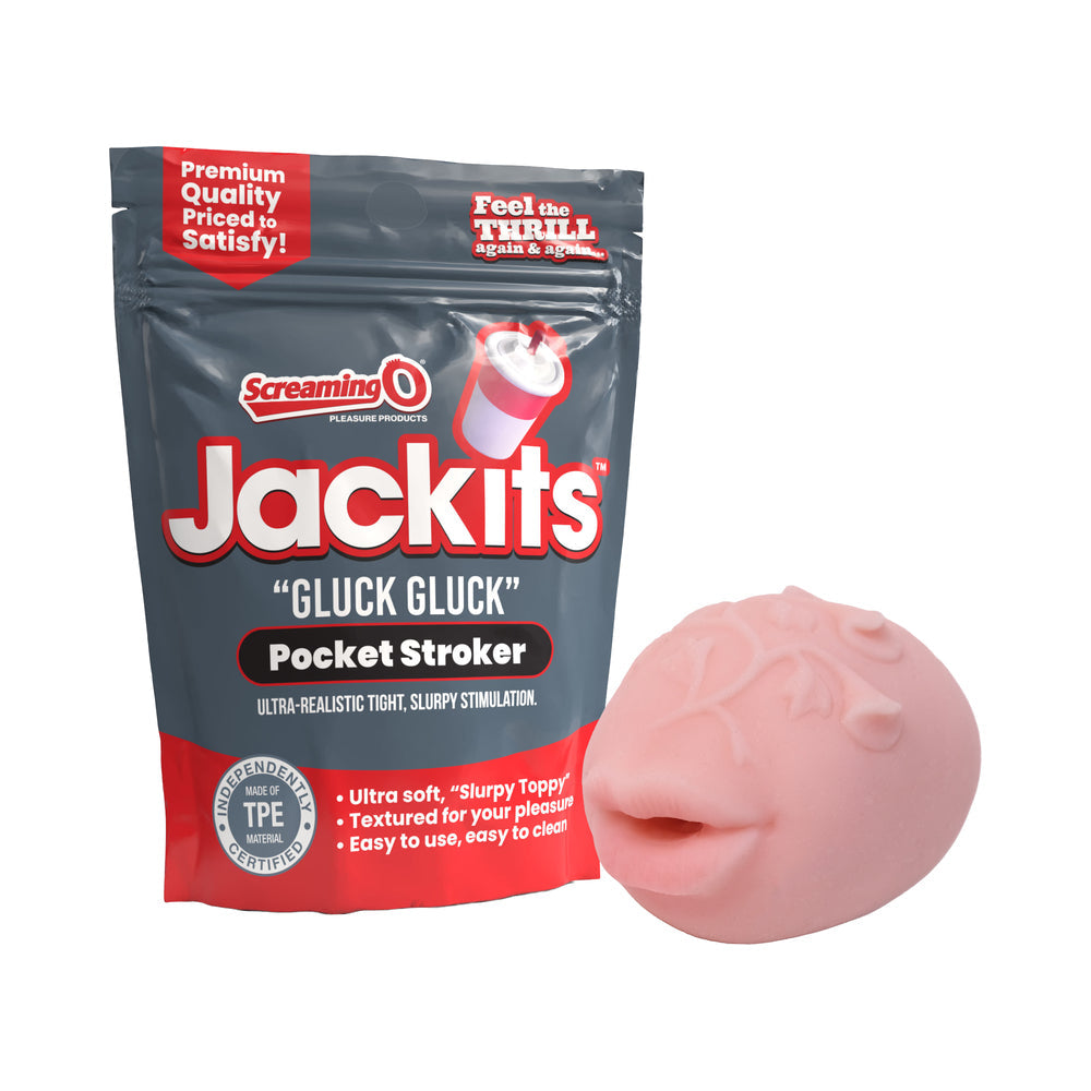 Screaming O Jackits Gluck Gluck Pocket Stroker in packaging with a realistic, textured sleeve for satisfying stimulation.