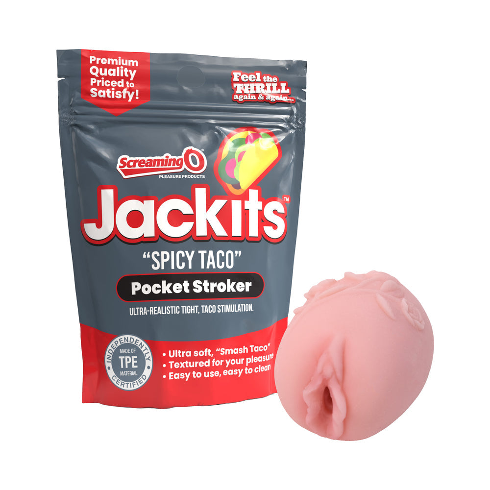 Screaming O Jackits Spicy Taco Pocket Stroker with packaging, designed for realistic stimulation and convenient travel.