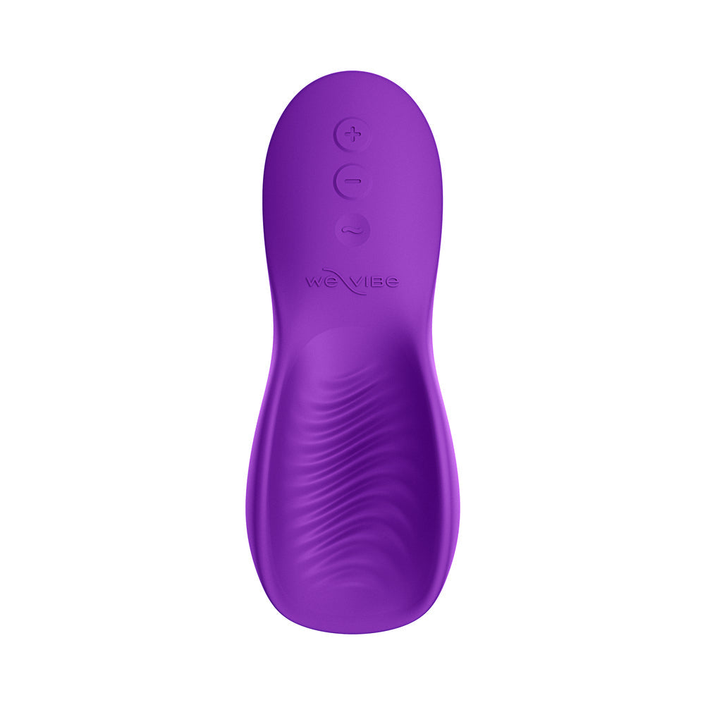 We-Vibe Shared Touch Couples Grinding Vibrator Purple showing its dual-sided design and control buttons.