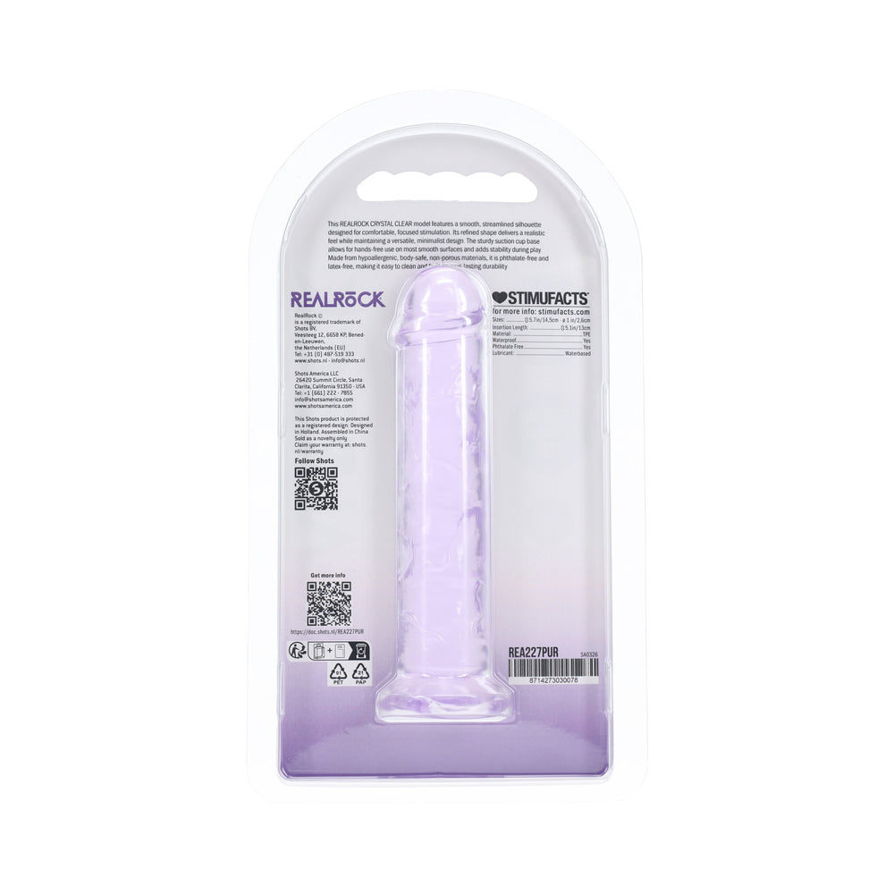 Realrock Realistic Dildo 5 Inch Purple in packaging, showcasing lifelike design and vibrant color.