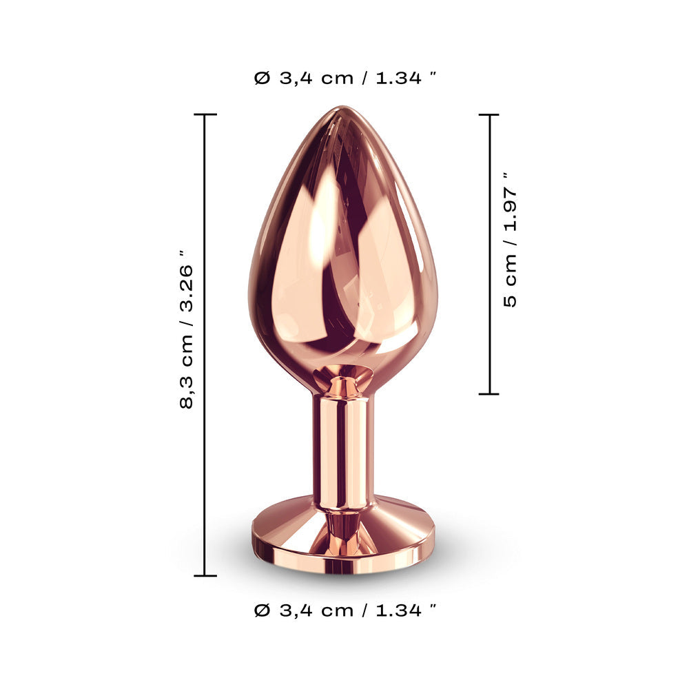 Dorcel Diamond Butt Plug Rose Gold Medium with dimensions, elegantly designed for comfortable anal play.