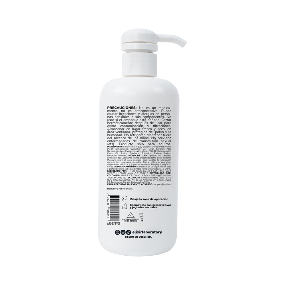 Elixir Anesty Anal Desensitizing Lubricant 500ml 17 Oz back label with usage instructions and warnings.