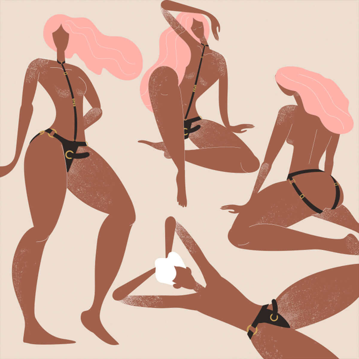 Illustration of UPKO strap-on harness kit showcasing flexibility and freedom of movement in various positions.