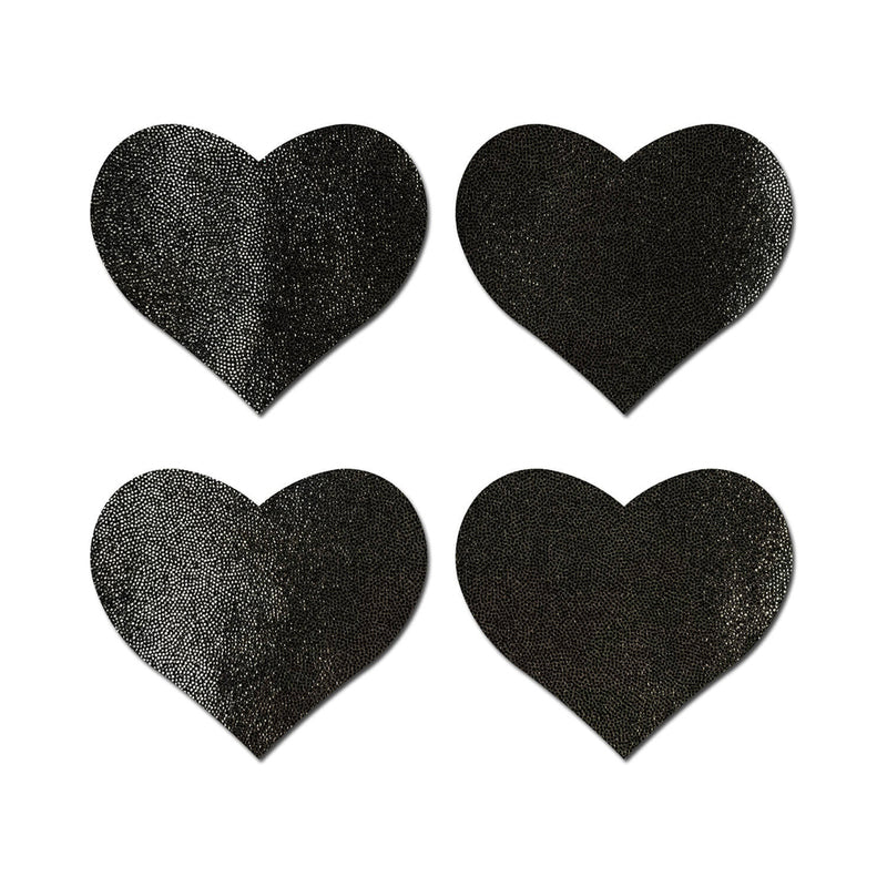 Pastease Petites Liquid Hearts Pasties Black 2-pack featuring four small heart-shaped nipple covers.