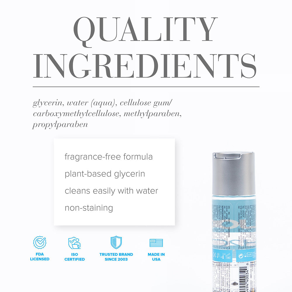 Quality ingredients for Jo H2O Original Water-based Lubricant 2 Oz including glycerin and cellulose.