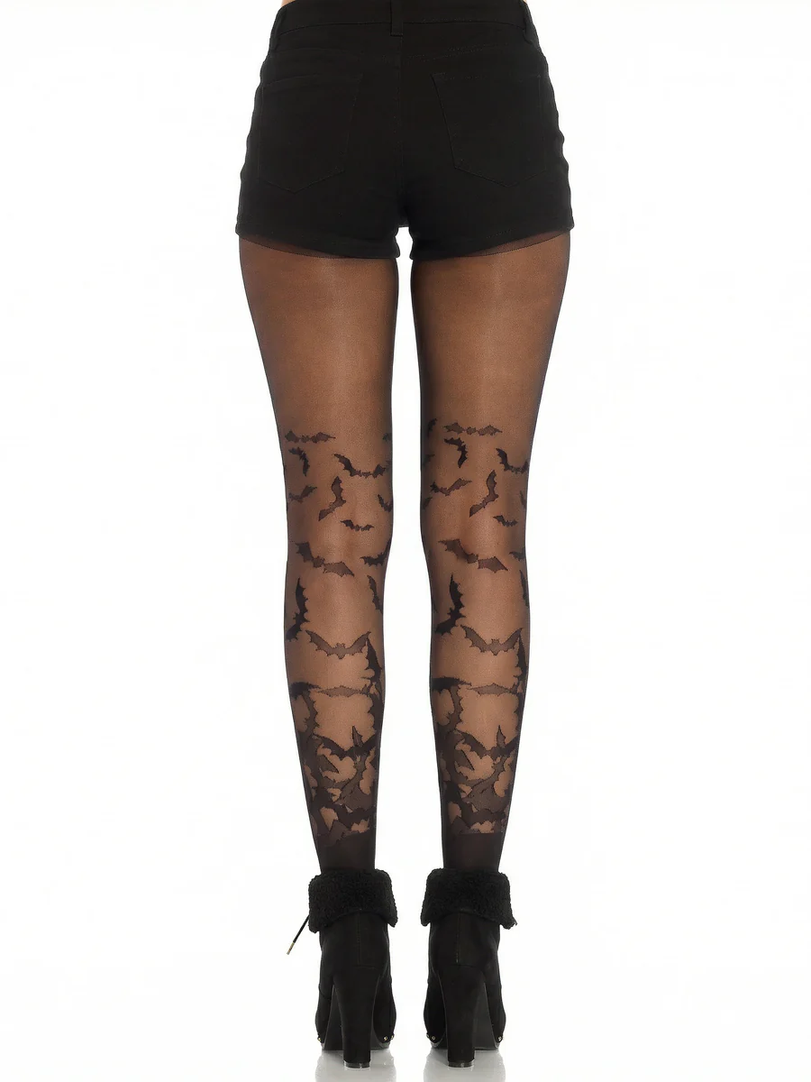 Leg Avenue Bat Wing Sheer Tights Black One Size featuring bat patterns on sheer black material, paired with shorts.