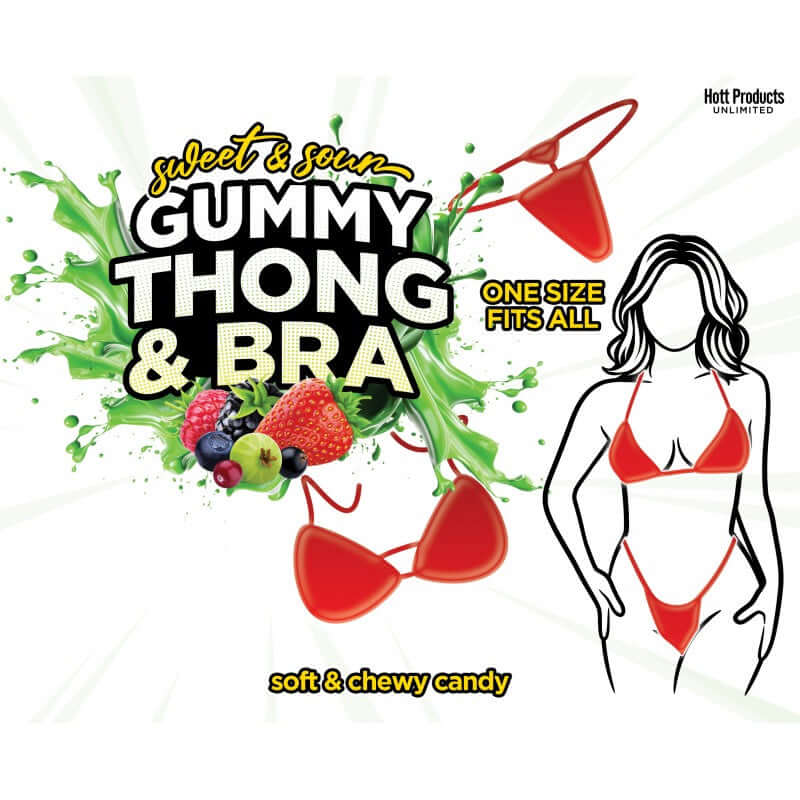 Sweet & Sour Gummy Thong & Bra Set featuring soft and chewy candy design for playful intimacy.