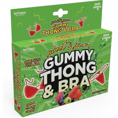 Sweet & Sour Gummy Thong & Bra Set packaging featuring soft, chewy gummy candy for playful intimate moments.