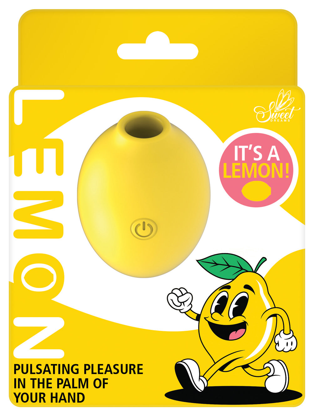 Sweet Dreams Lemon Rechargeable Silicone Vibrator package design featuring playful lemon shape and vibrant colors.