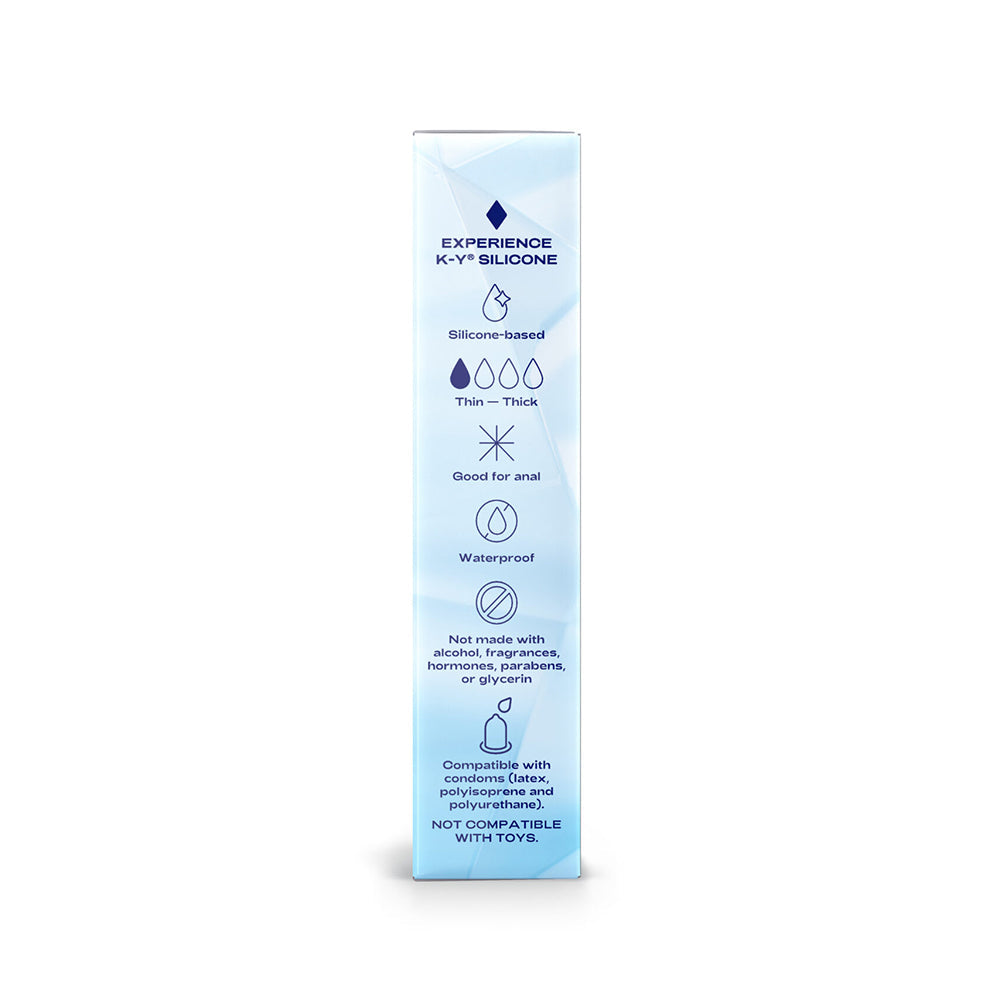 K-Y True Feel Premium Silicone Gel Lubricant 1.5 Oz packaging highlighting silicone-based features and compatibility.