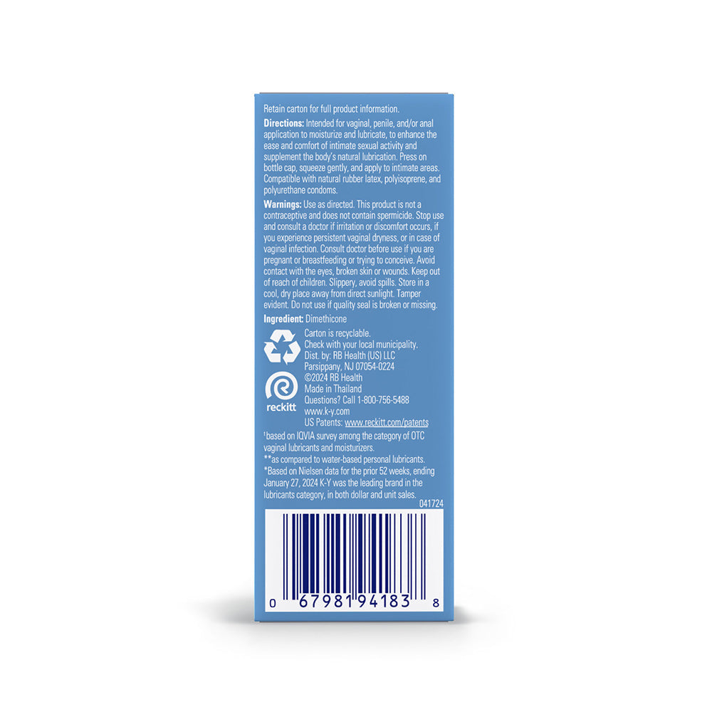 K-Y True Feel Premium Silicone Gel Lubricant 1.5 Oz product packaging displaying directions and warnings