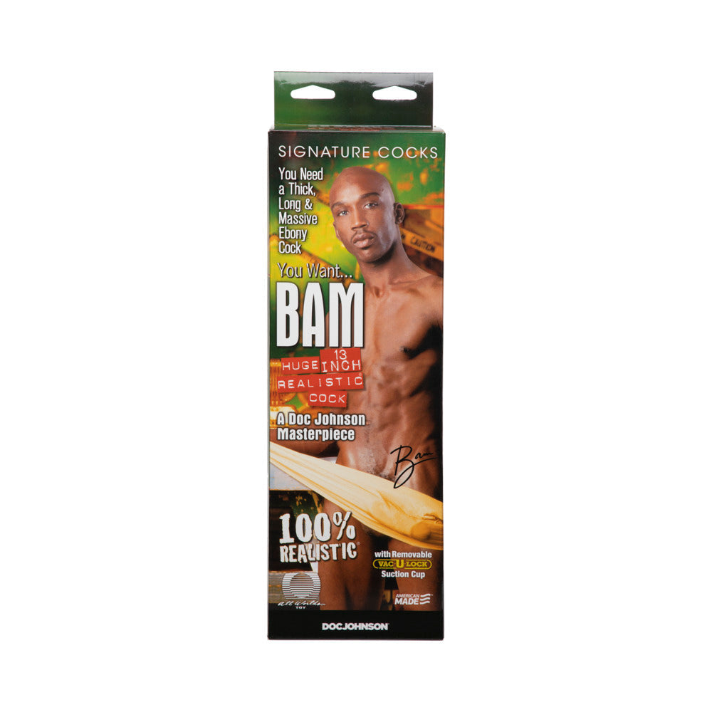 Signature Cocks Bam Realistic Dildo 13 inches packaging showcasing a lifelike design and features.