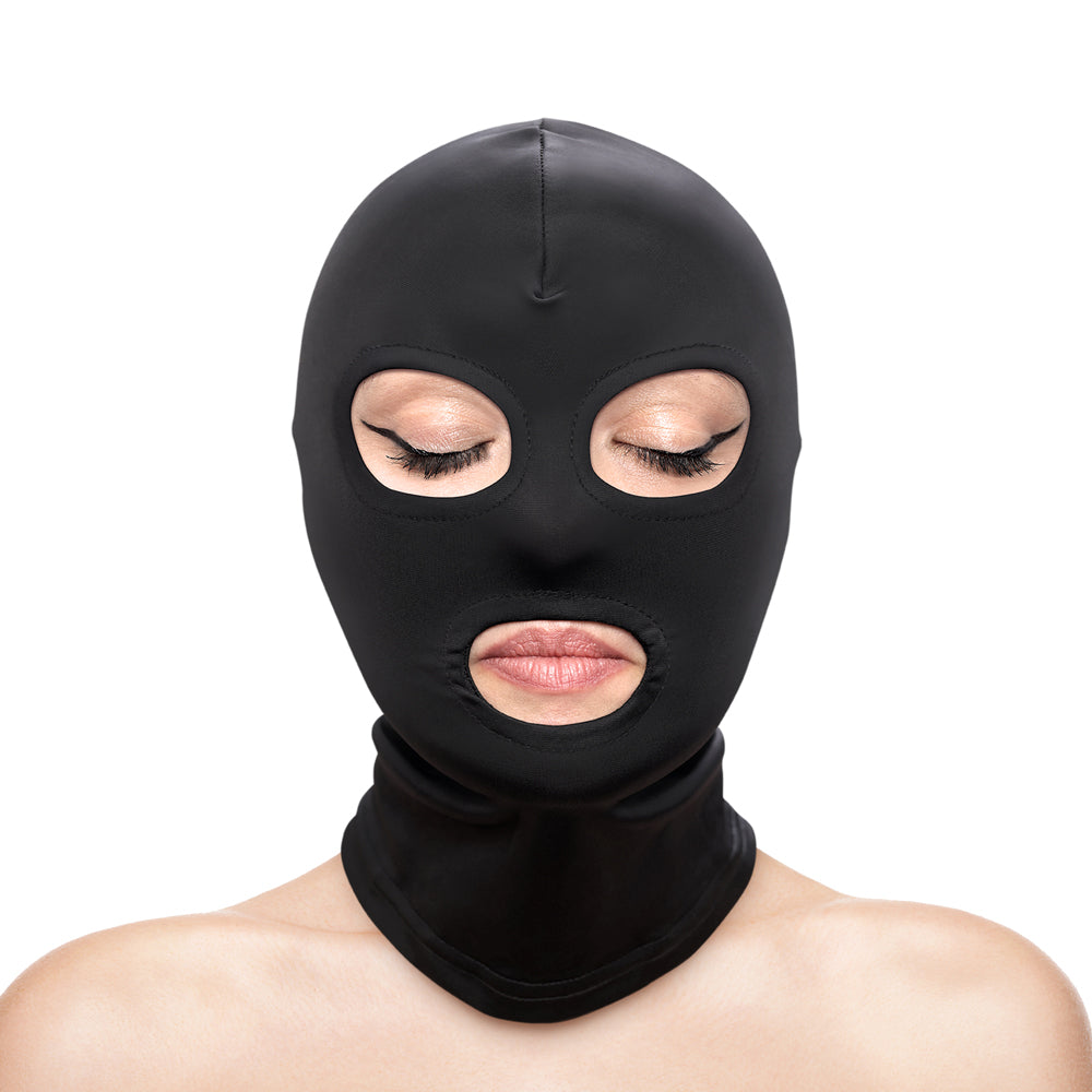 Hustler's Taboo Eyes & Mouth Hood Black on model, adding mystery to erotic bedroom play.