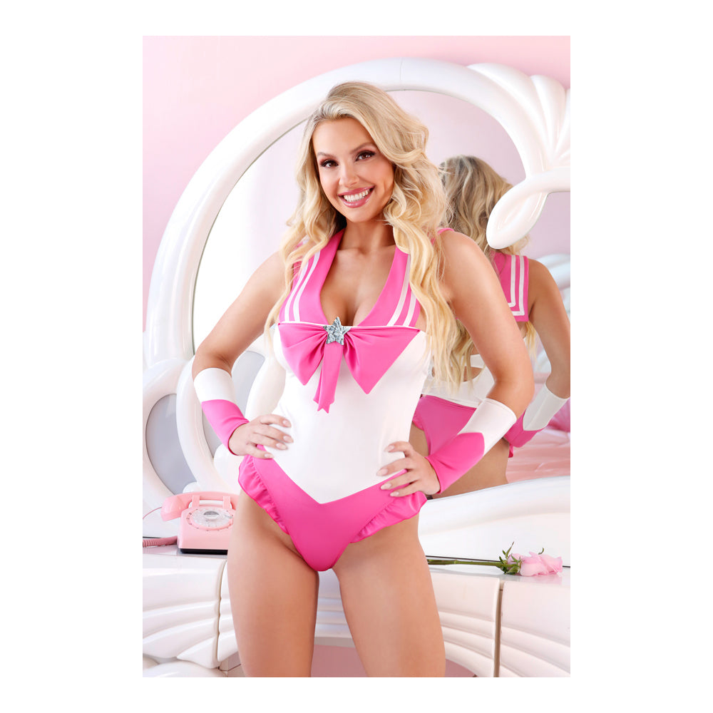 Fantasy Lingerie Cosplay With Me Costume Set L/XL White Pink showcasing fitted bodysuit with cape and pink accents.