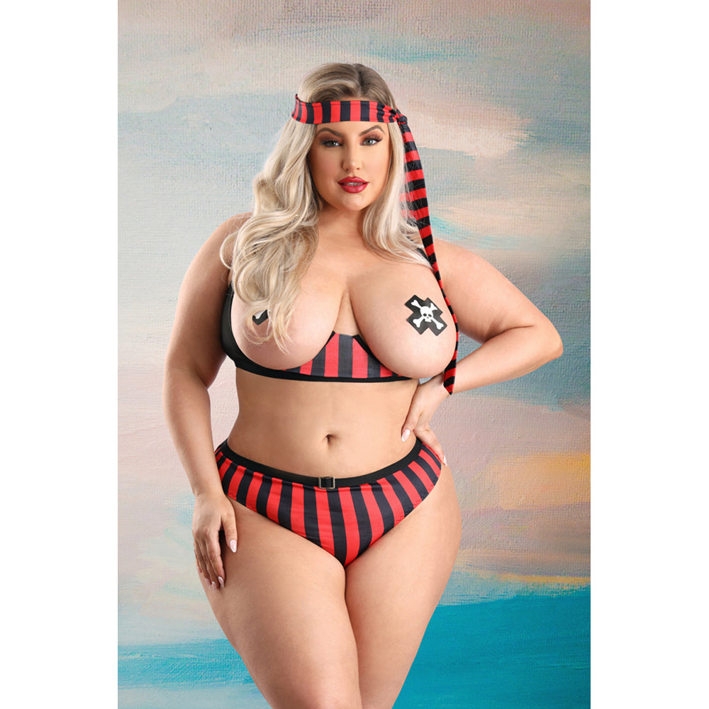 Fantasy Lingerie Treasured Pirate Costume Set 3X/4X Red featuring a plus-size model in a bold red and black pirate outfit.