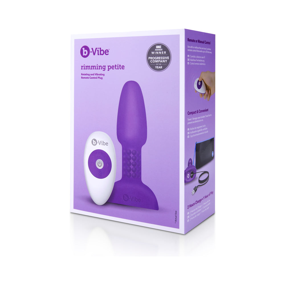 b-Vibe Rimming Petite Remote Control Butt Plug Purple packaging with remote and product details.