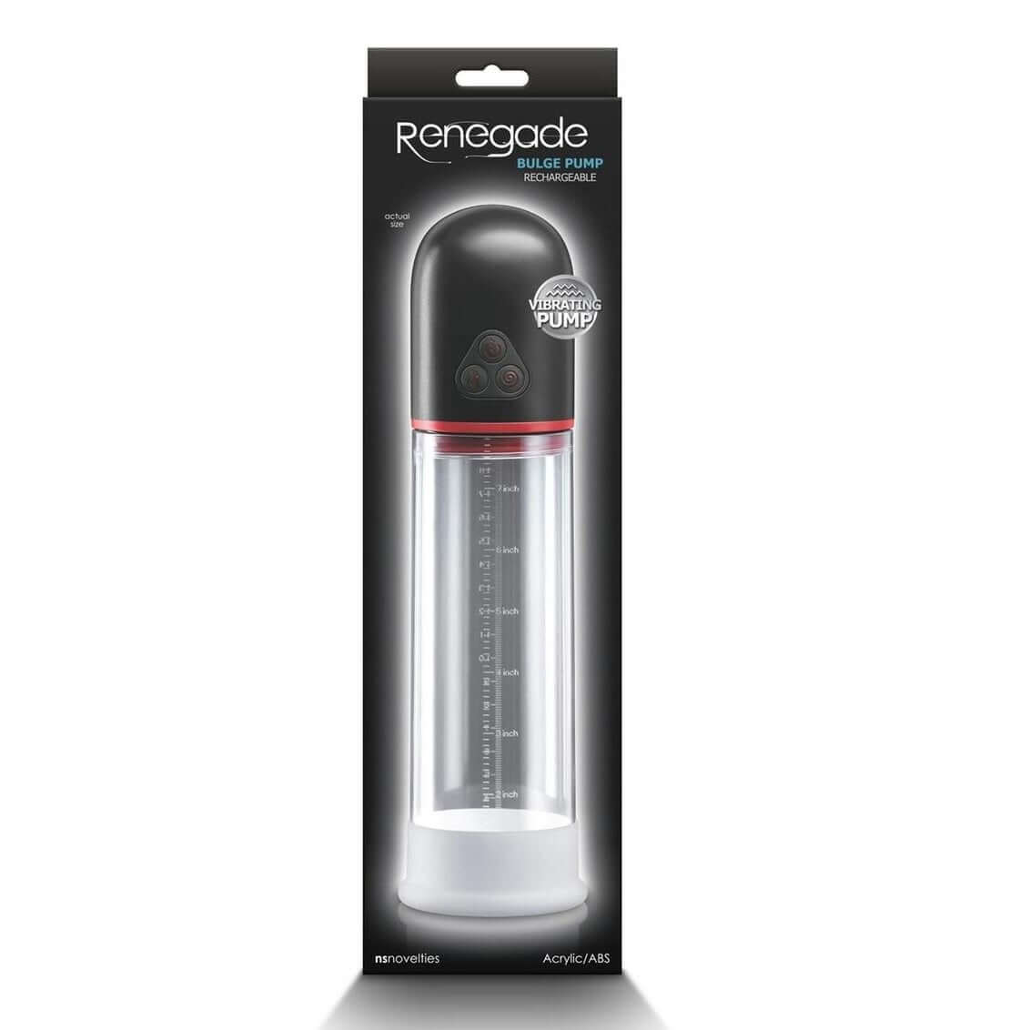 Renegade Bulge Rechargeable Penis Pump Black in packaging, designed for enhanced performance and pleasure.