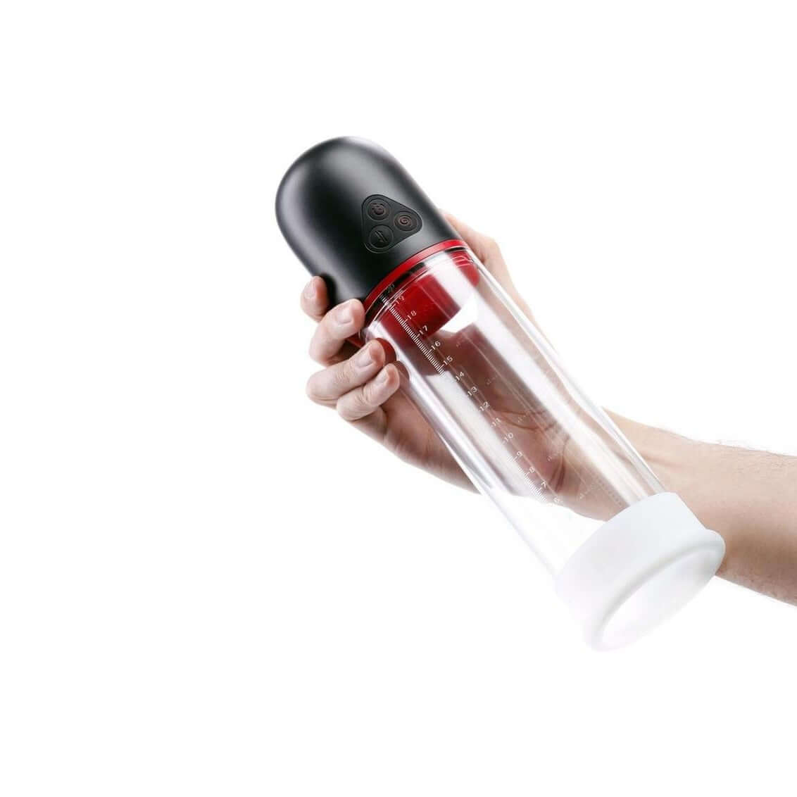 Hand holding the Renegade Bulge Rechargeable Penis Pump Black with a clear body and control buttons.