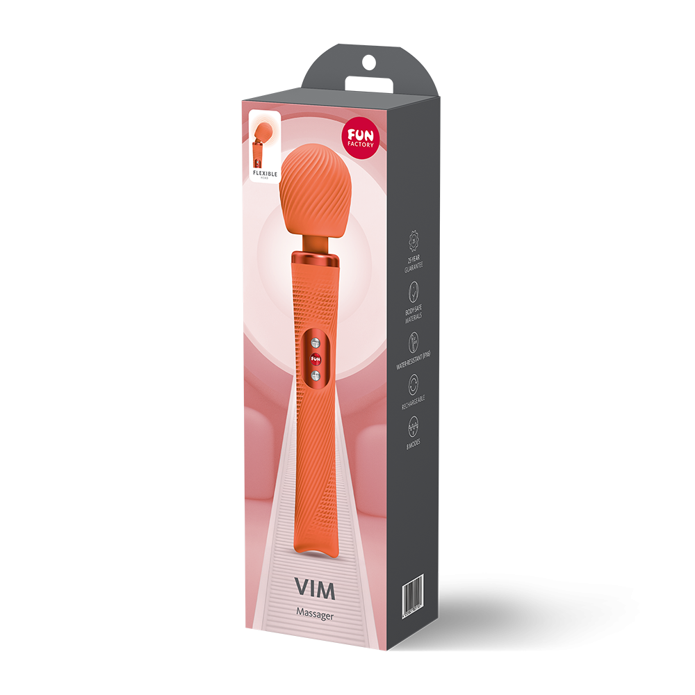 Fun Factory Vim Wand Massager Orange in packaging with ergonomic design for pleasurable experiences.