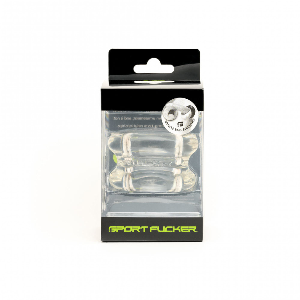 Sport Fucker Muscle Ball Stretcher TPE Clear packaging featuring a clear stretcher design and branding.