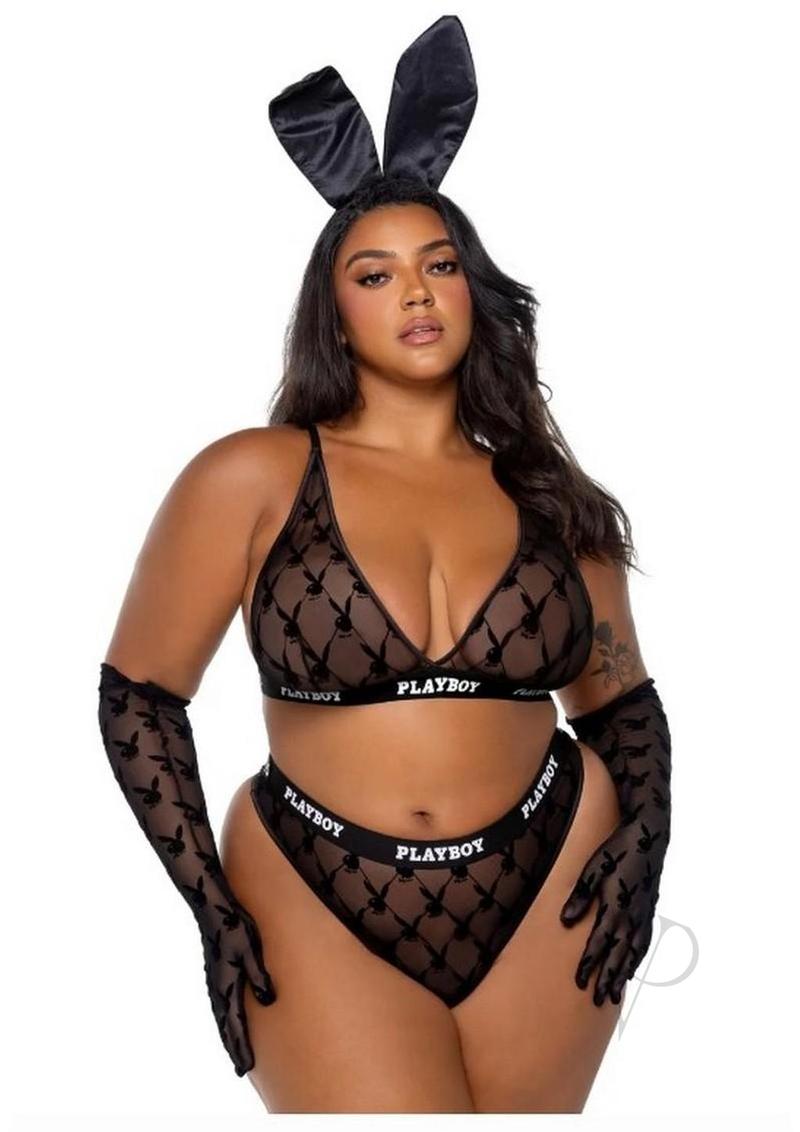 Playboy Flocked Bunny Bra Set 1XLarge Black model wearing matching bra and thong with bunny ears.