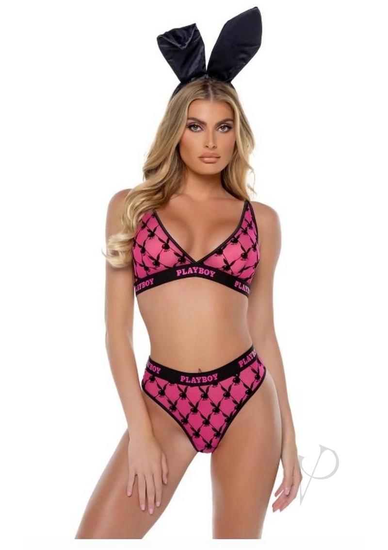 Playboy Flocked Bunny Bra Set Large Pink and Black displayed on model with bunny ears and matching outfit.