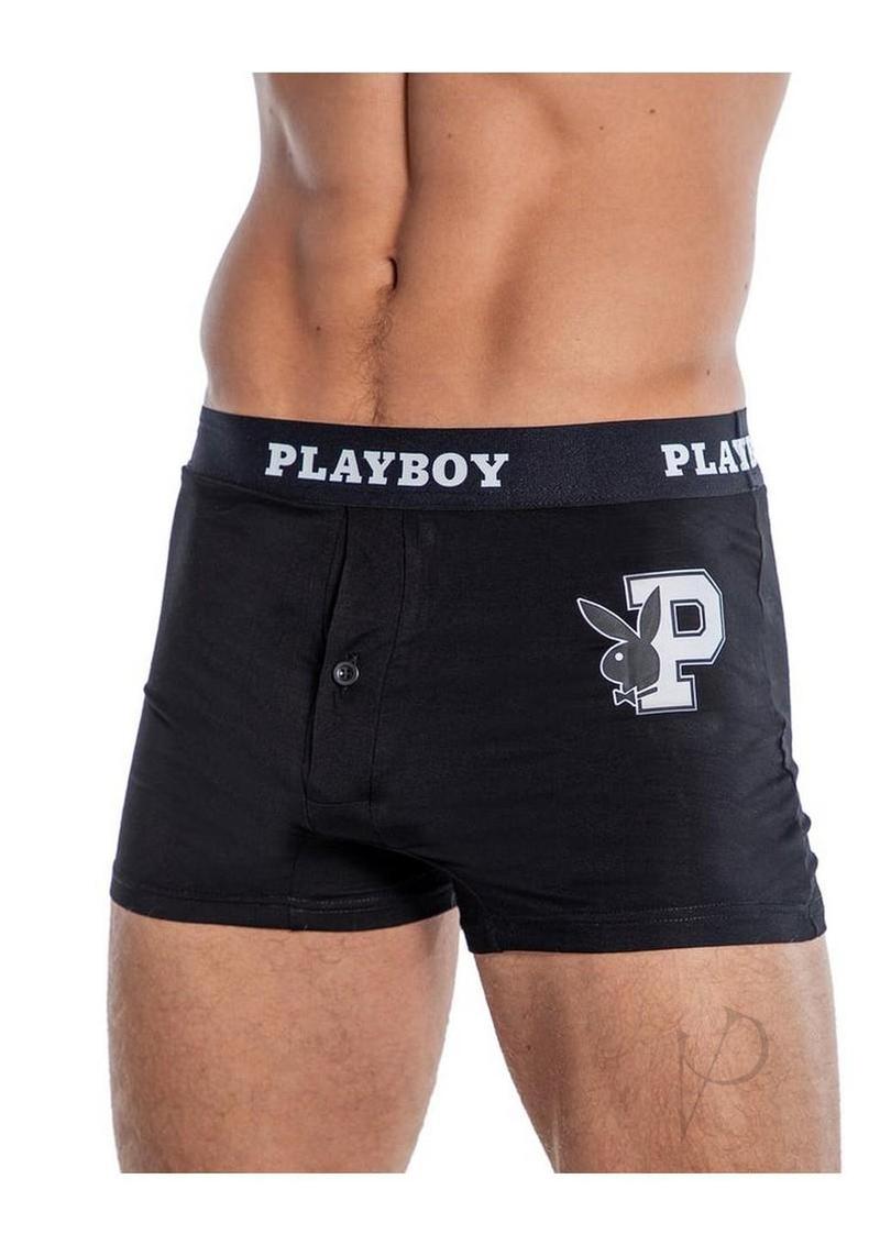 Playboy Mens Varsity Boxer Briefs Black and White 2XLarge featuring iconic branding and comfortable fit.