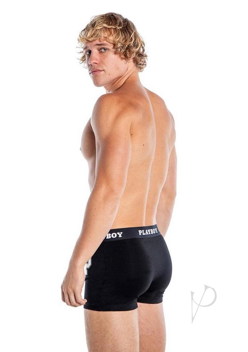 Playboy Mens Varsity Boxer Briefs Black and White 2XLarge shown on model from behind