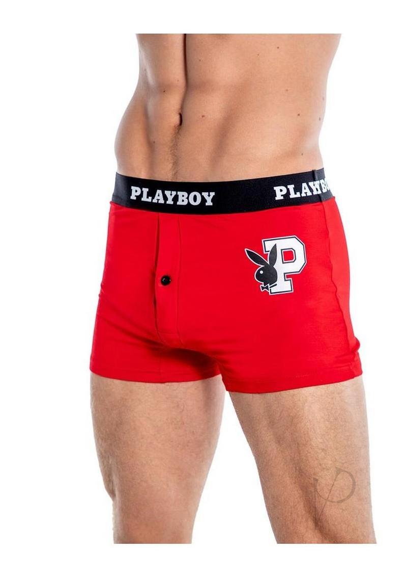 Playboy Mens Varsity Boxer Briefs Red/White 2XLarge showcasing classic collegiate style and sporty fit.
