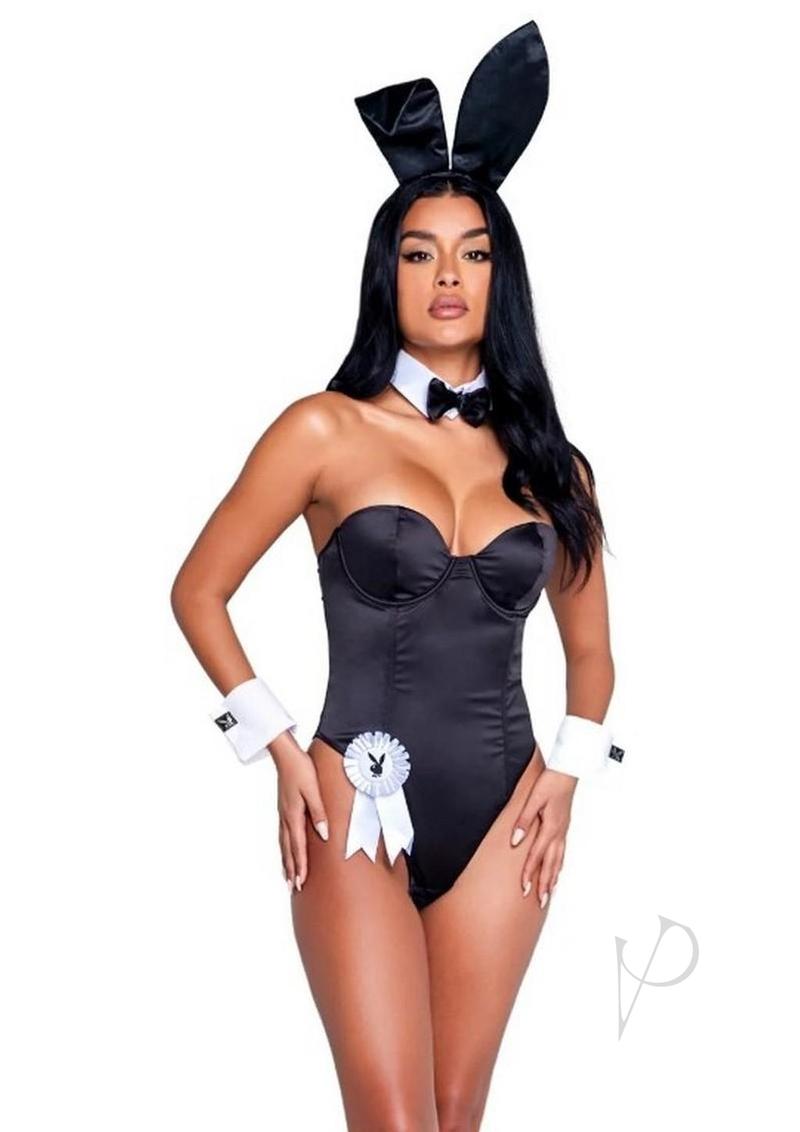 Playboy Classic Bunny Costume XLarge Black featuring a sculpted corset and iconic accessories, perfect for parties.