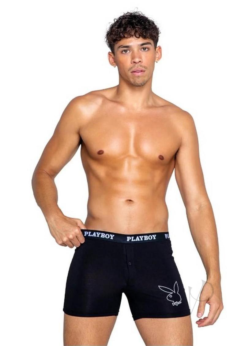 Playboy Mens Tuxedo Classic Boxer Small Black and White worn by model, showcasing iconic Playboy style and comfort.