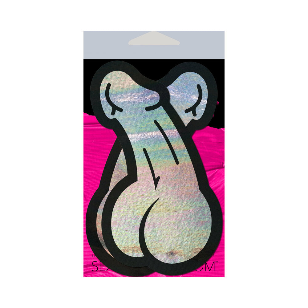 Pastease Penis Holographic Silver Dick Nipple Pasties in a playful penis shape with a shiny holographic finish.