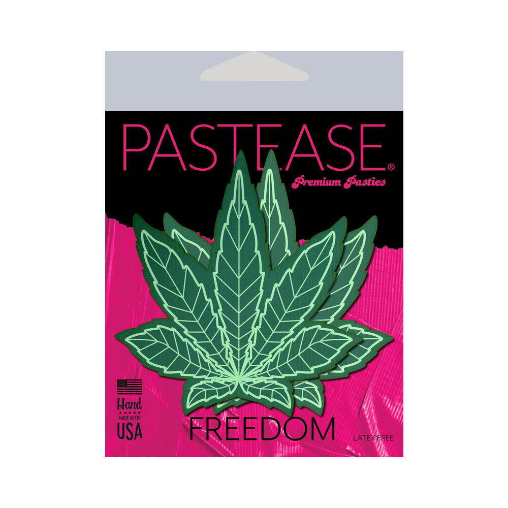 Pastease Indica Pot Leaf Green Weed Nipple Pasties packaging featuring a vibrant cannabis leaf design.