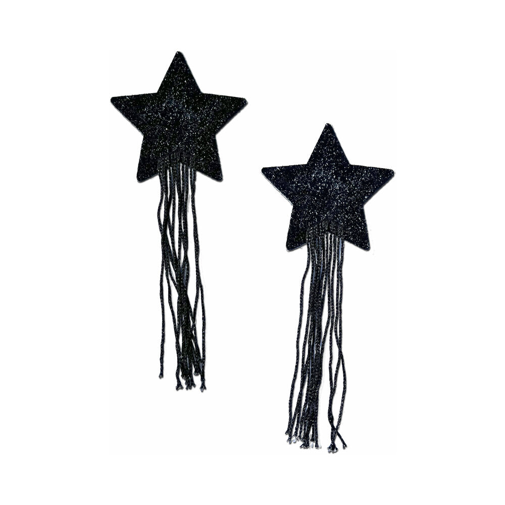 Pastease Black Sparkle Star Long Fringe Tassel Pasties with glitter and fringe for a glamorous look.
