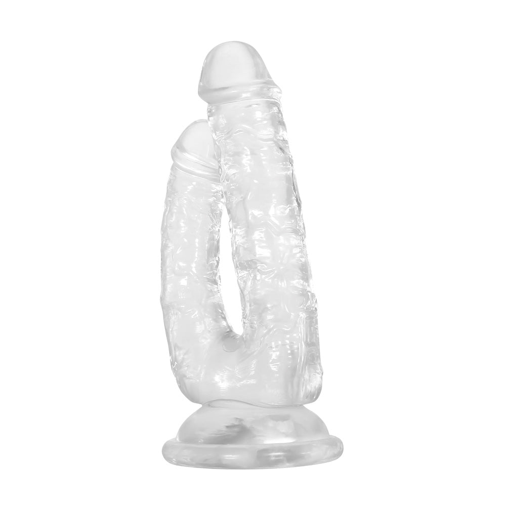 Gender X Dualistic Clear Double Shaft Suction Cup Dildo with two distinct shafts in crystal-clear TPE.