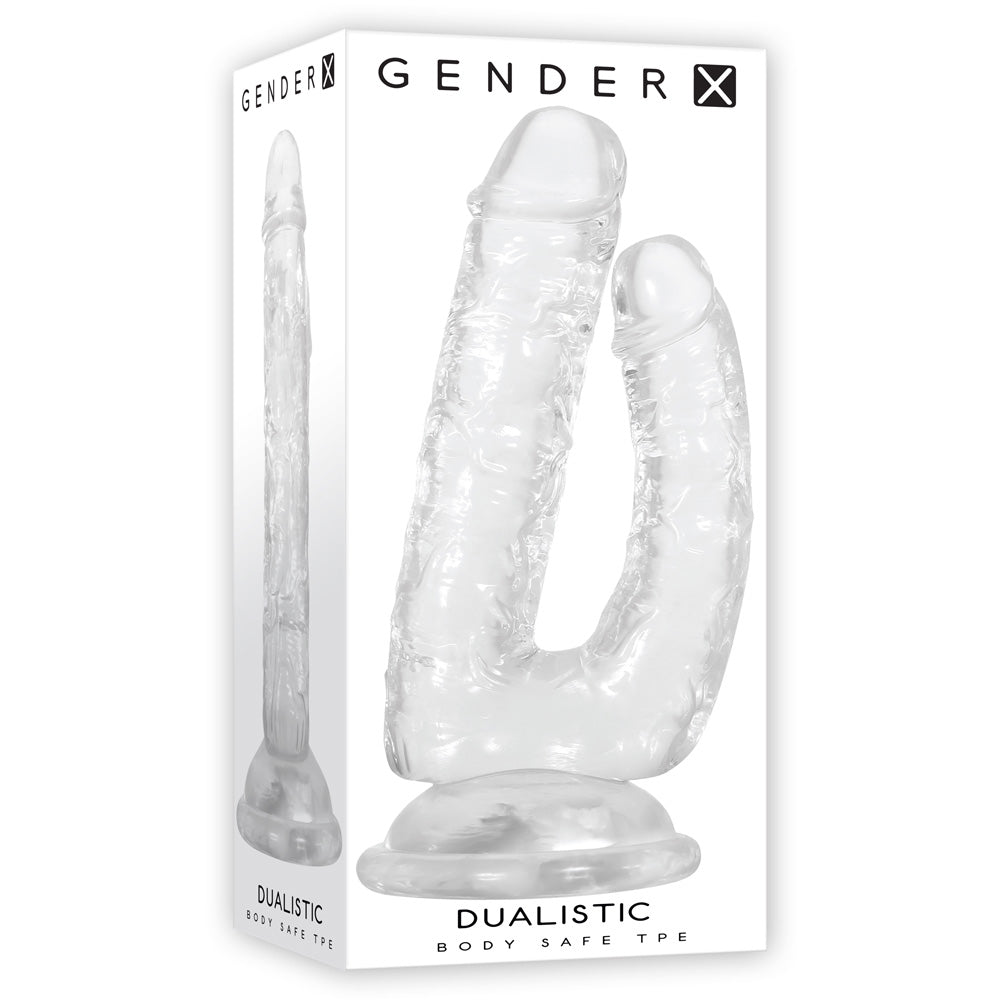 Gender X Dualistic Clear Double Shaft Suction Cup Dildo displayed in packaging with body-safe TPE.