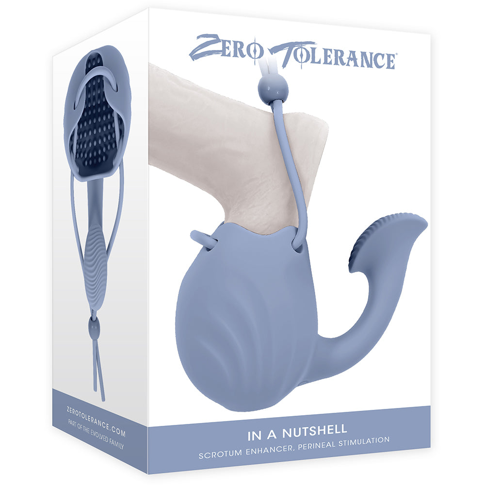 Zero Tolerance In A Nutshell Vibrating Ball Cup Blue displayed on packaging for scrotum enhancement.