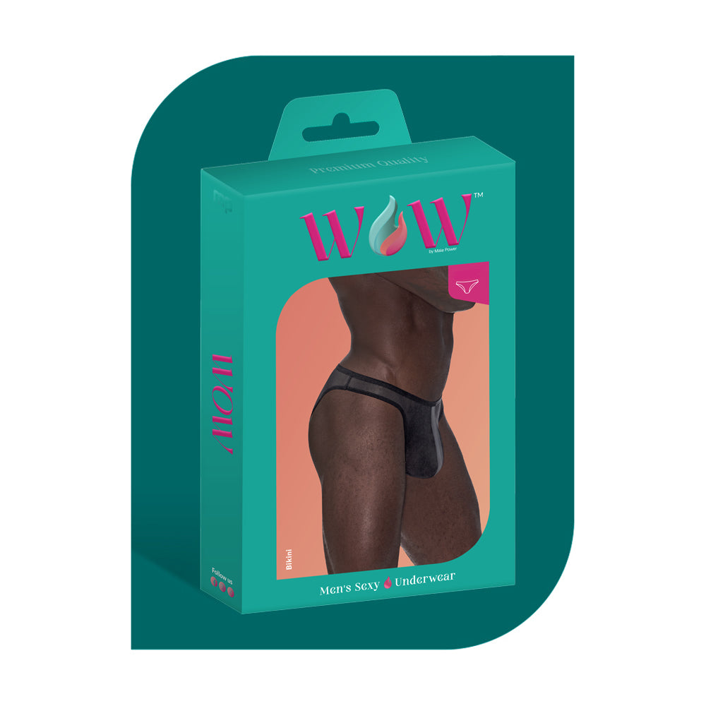 Wow Landing Strip Bikini Black Medium packaging showcasing modern men's swimwear design by Male Power.